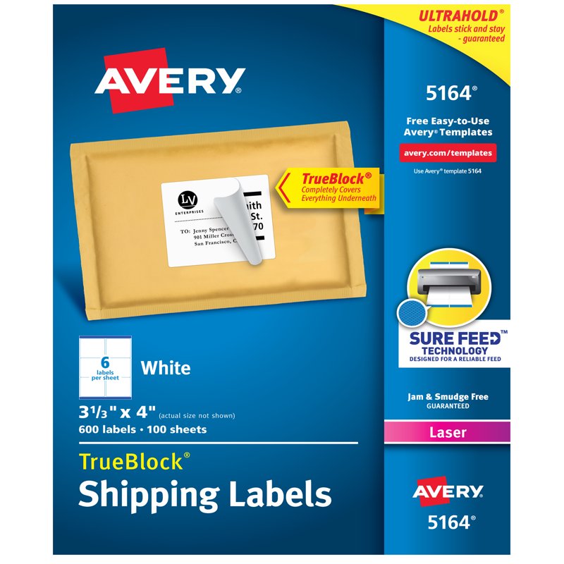 Avery Shipping Labels 3-1/3 x 4 Inches White Laser Labels - TrueBlock 600 Pack