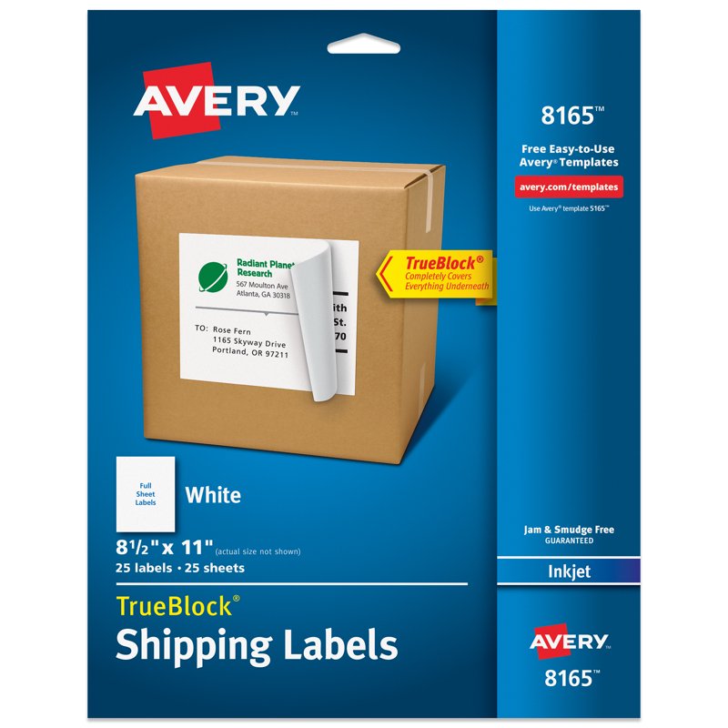 Avery 8.5x11 White Shipping Labels - 25 Printable Permanent Labels