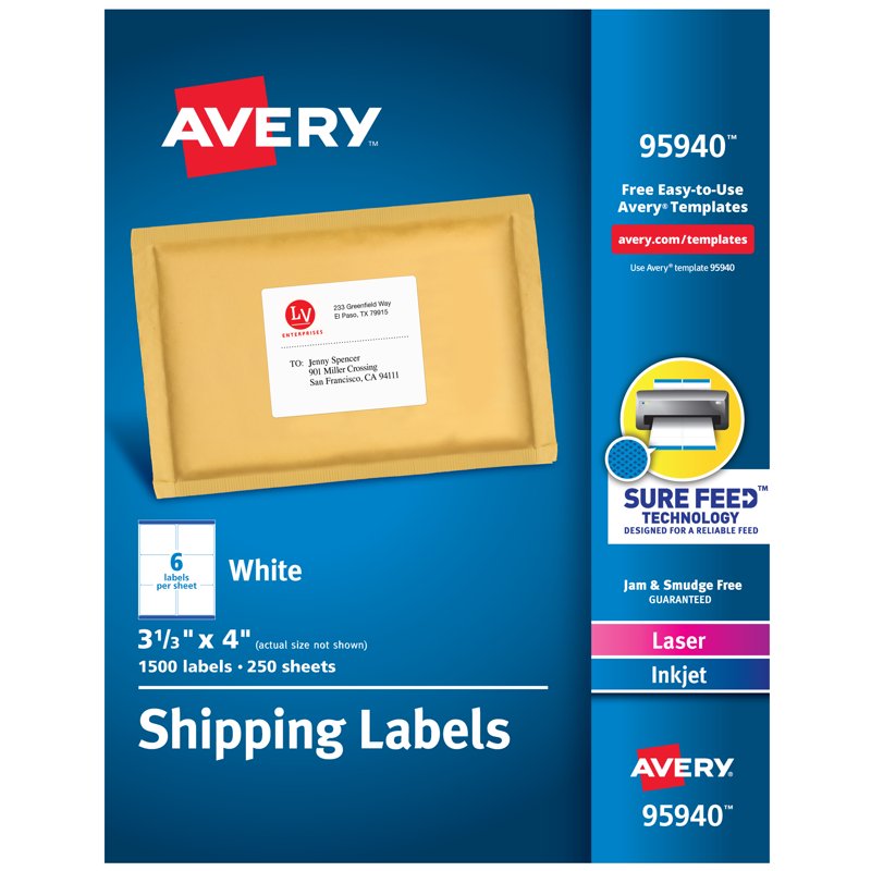 Avery Shipping Labels 3-1/3 x 4 inch, 1500 Permanent Laser & Inkjet Labels