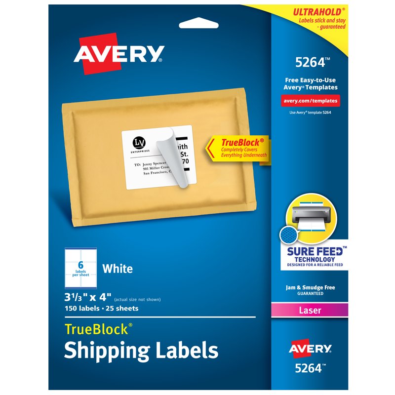 Avery Shipping Labels 3.33 x 4 Inch White Permanent Adhesive Pack of 150