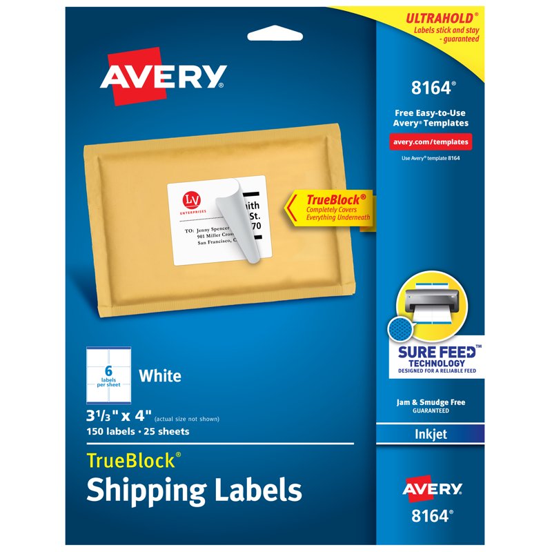 Avery Shipping Labels 3-1/3 x 4 Inches, 150 White Inkjet Labels with Sure Feed Technology