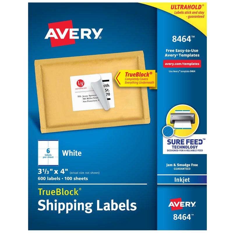 Avery Shipping Labels - TrueBlock, Sure Feed, 3-1/3 x 4 Inches, Pack of 600