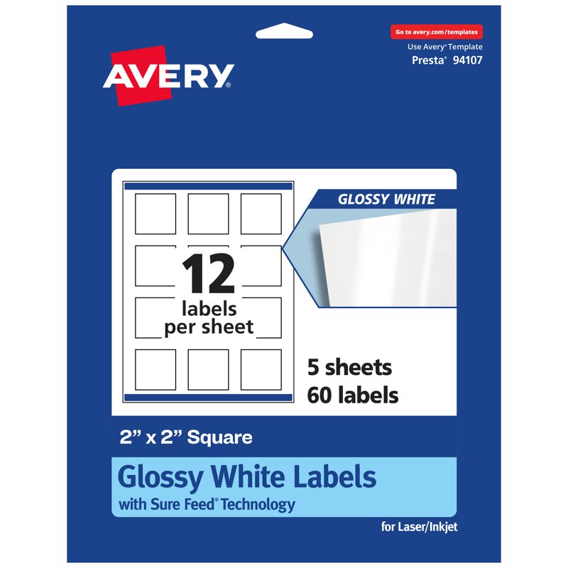 White Glossy Square Labels with Sure Feed - Customizable 2x2 Inch