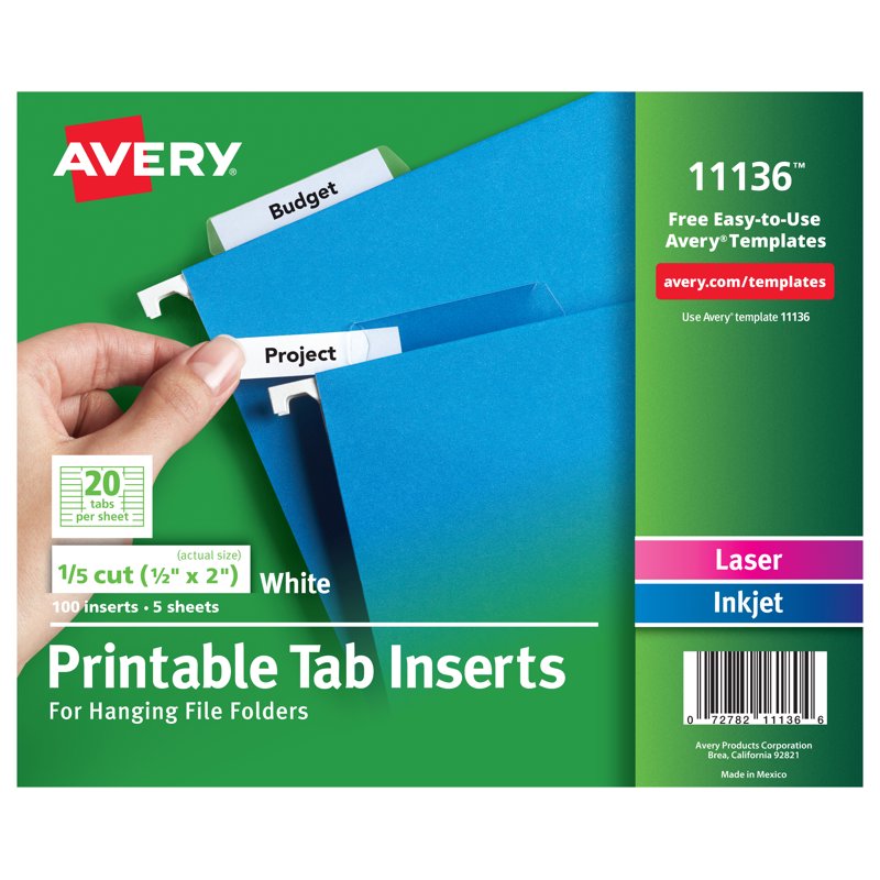 Printable Hanging File Folder Tab Inserts - 0.5 x 2 Inches, Pack of 1