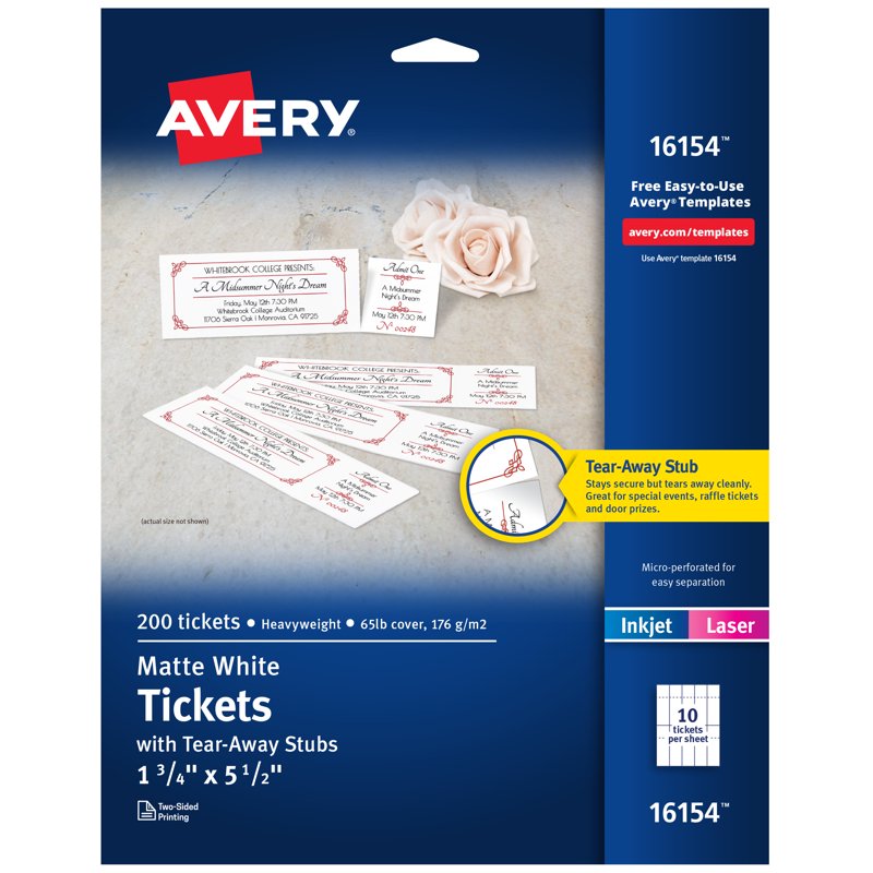 Event Tickets with Tear-Away Stubs - 1.75 x 5.5 Inches, Matte White, Pack of 200