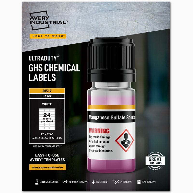 GHS Chemical Labels for Laser Printers Waterproof & Chemical-Resistant 1x2-1/2 Inch 600 Labels