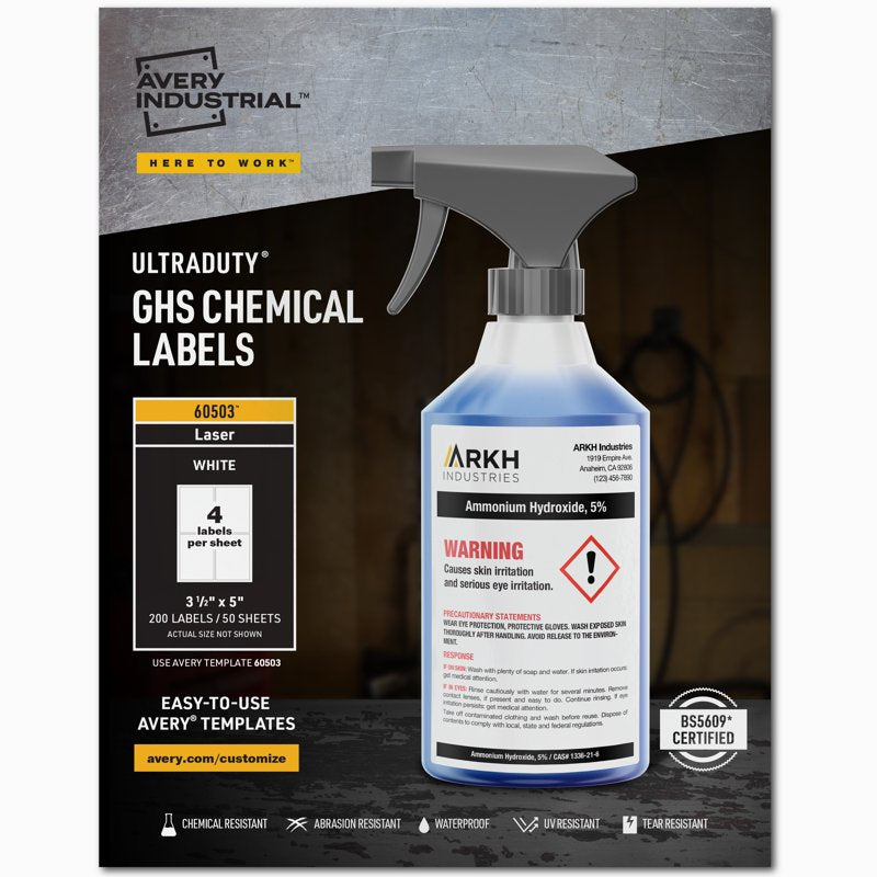 GHS Chemical Labels for Laser Printers Waterproof & UV Resistant - 200 Labels
