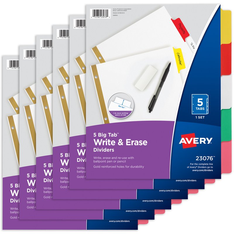 Big Tab Write & Erase Binder Dividers - 6-Pack, Reusable Color Tabs, 30 Count