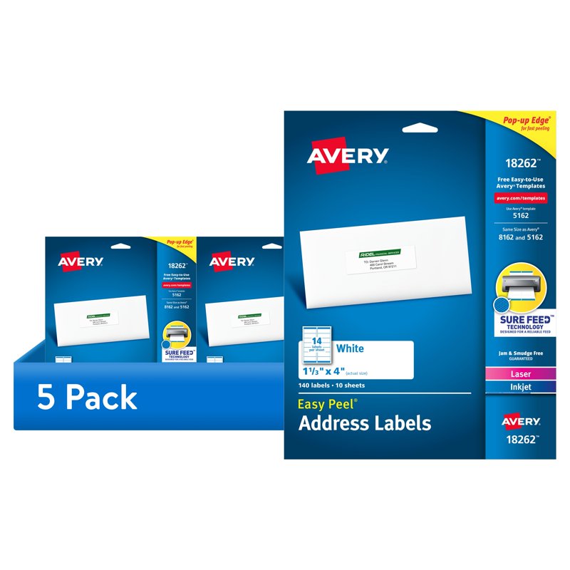Avery Address Labels 1-1/3" x 4" Matte White Laser Inkjet 140 Labels 5 Pack