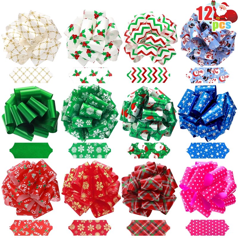 Christmas Gift Wrap Bows - 12 Pcs Holiday Ribbon Bows for Gift Packaging