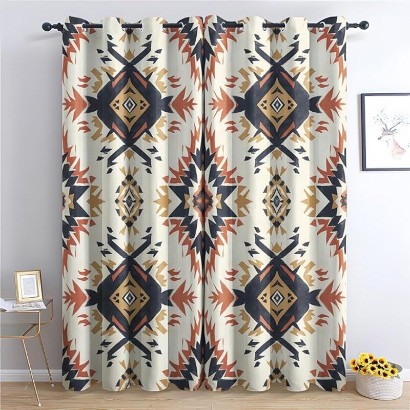 Blackout Tribal Curtains for Bedroom & Living Room - Ethnic Grommet Drapes, Insulated & Noise-Reducing, Pack of 2