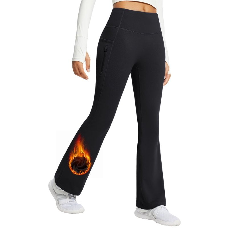 Thermal Fleece Lined Yoga Pants with Pockets - Waterproof Winter Flare Leggings