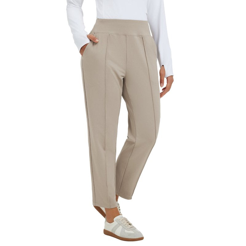 Womens Travel Pants - Stretch Ankle Golf Pants with Pockets, Petite, Beige, Size S