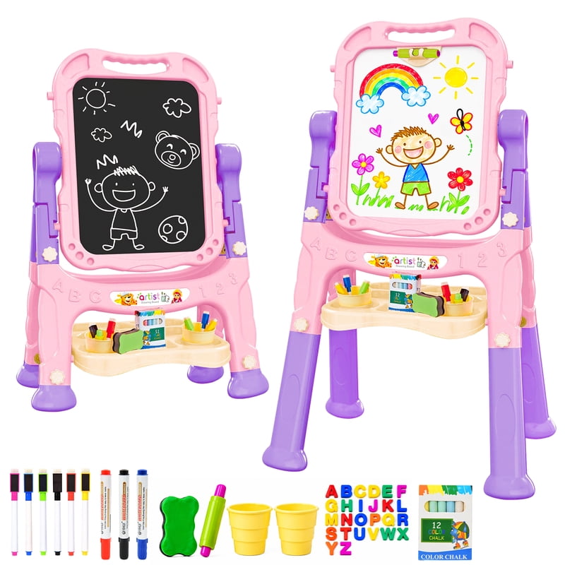 Kids Art Easel with Double-Sided Boards, Adjustable Height & Accessories - Pink