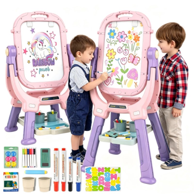 Kids Art Easel for Drawing & Painting - Adjustable Double-Sided Magnetic Whiteboard & Chalkboard, Creative Toddler Art Station