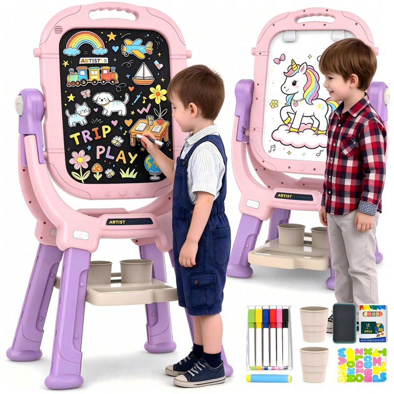 Kids Art Easel for Drawing & Painting - Adjustable Double-Sided Magnetic Whiteboard & Chalkboard, Creative Toddler Art Station