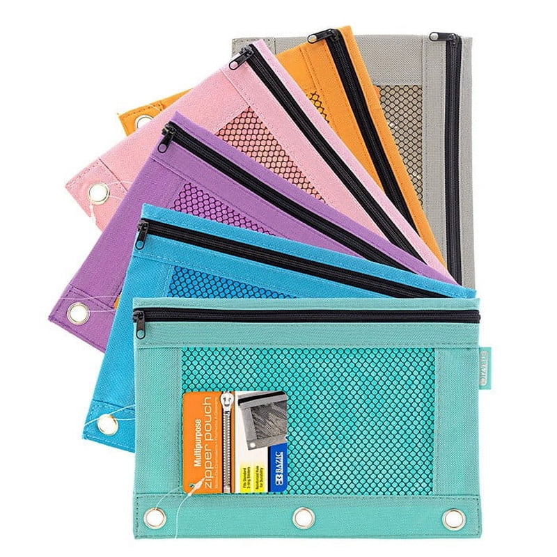 3-Ring Pencil Pouch with Mesh Window - Pastel Color, 6-Pack