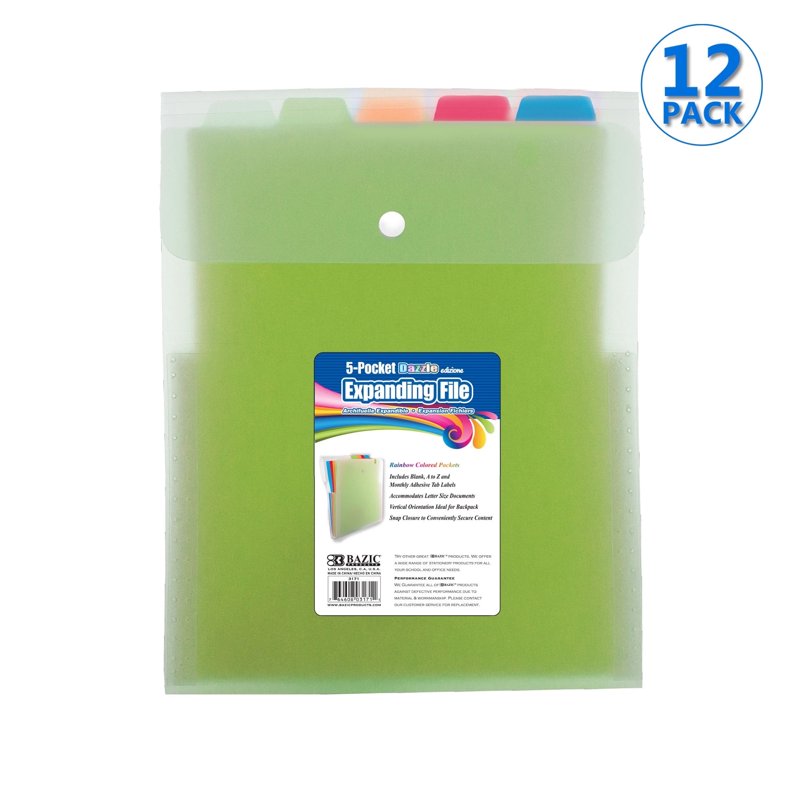 BAZIC 5-Pocket Poly Expanding File, Letter Size - 12-Pack