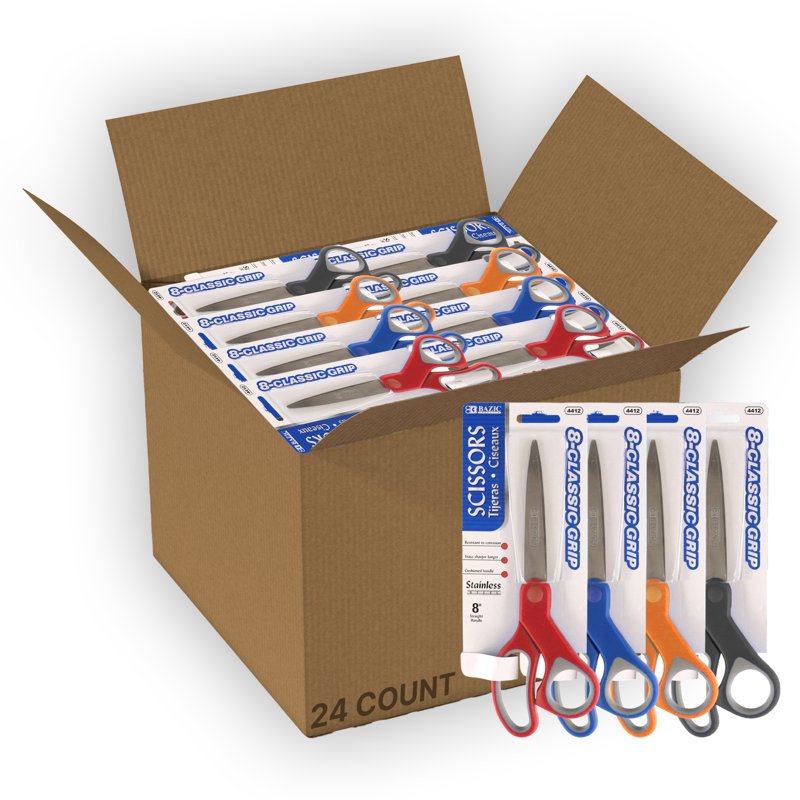 BAZIC 8" Soft Grip Stainless Steel Scissors, Straight Handle, 24-Pack