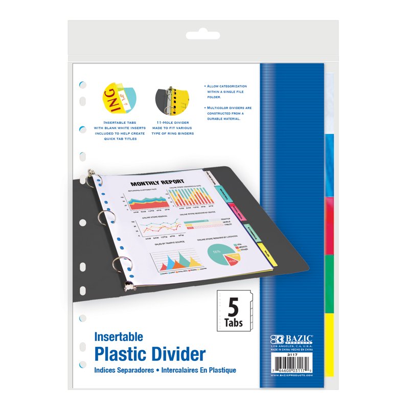 Binder Dividers with 5 Insertable Color Tabs for Organizing - 3-Ring Compatible