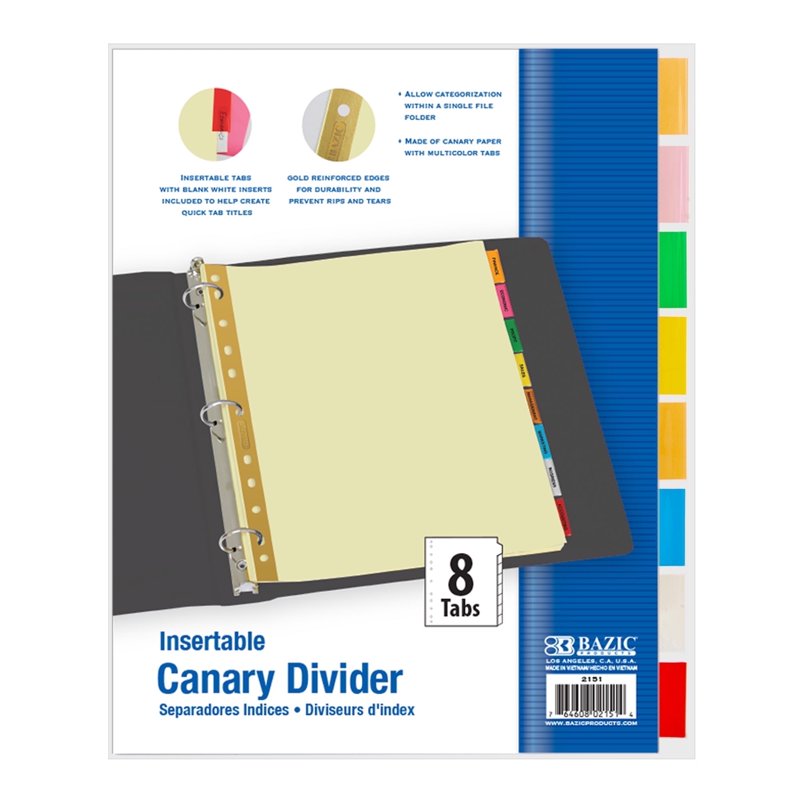 Binder Dividers with Insertable Color Tabs for 3-Ring Binders, Canary Yellow, 8 Count
