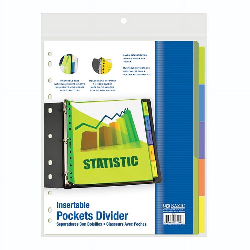 Pocket Binder Dividers with 5 Clear Color Tabs - 24/Pack or 4/Pack