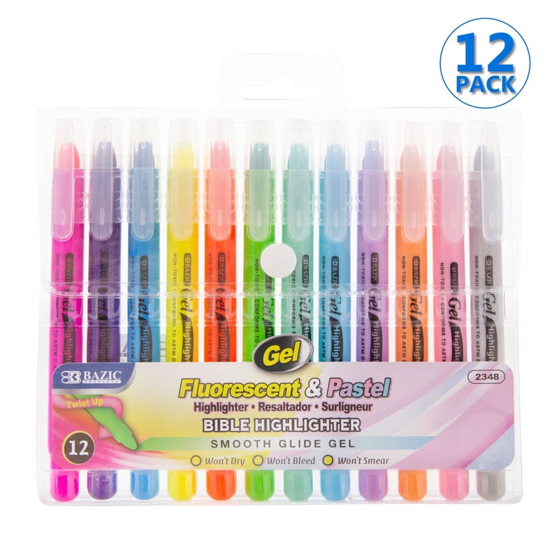 Bazic 12-Pack Classic Pastel Gel Highlighter Pens - No Bleed Bible Highlighter