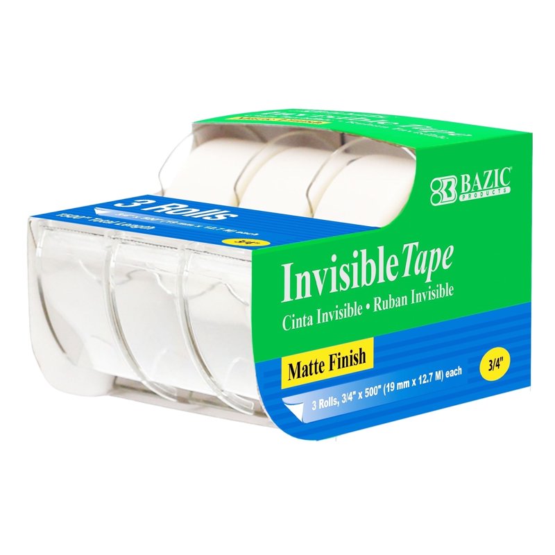 BAZIC Invisible Tape w/ Dispenser 3/4" x 500", Matte Finish Stationery Tape (3/Pack), 1-Pack
