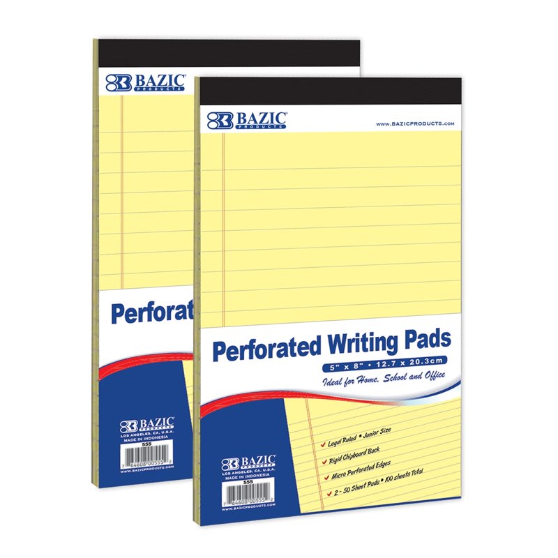 Perforated Writing Pads Set - 2 Canary Junior Legal-Ruled 5x8 Inch Notepads for Notes and Lists