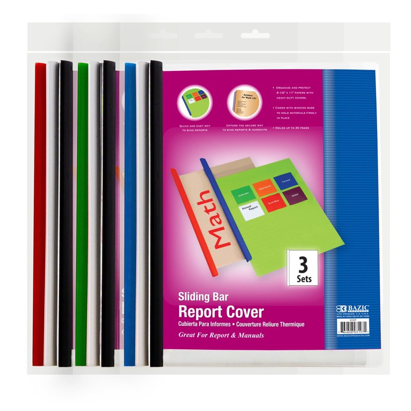 Clear Front Report Covers with Sliding Bar 3 Pack - Letter Size Organizer