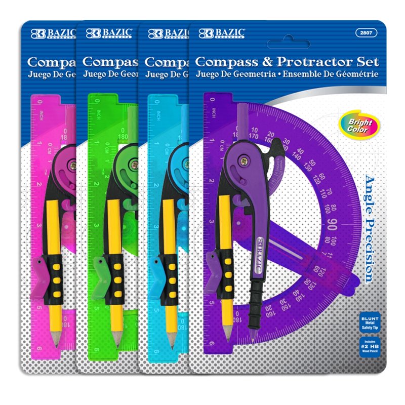BAZIC Scale-Arm Compass w/ #2 Wood Pencil 6" Protractor Set [2807]