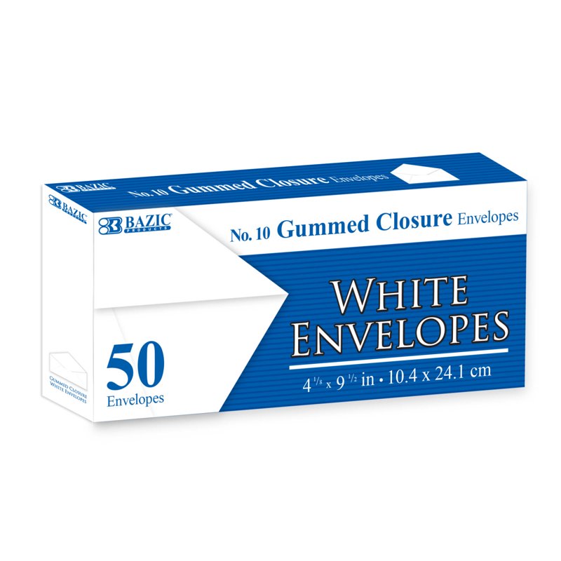 White #10 Gummed Envelope Seals 4 1/8 x 9 1/2 Inch Mailer Envelopes - Pack of 50