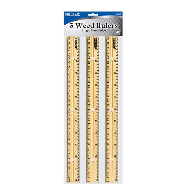 Wooden Ruler Set 12 Inch, Metal Edge, Pack of 3 | Classroom & Office Measuring Tools