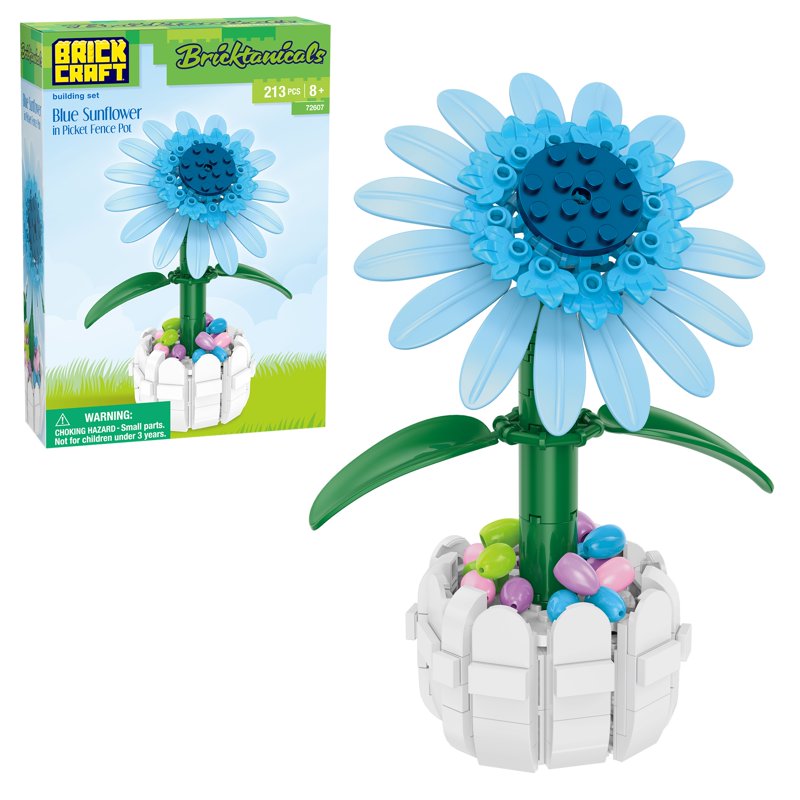 Build-Your-Own Blue Sunflower Brick Kit with Picket Fence Pot - 213 Pieces