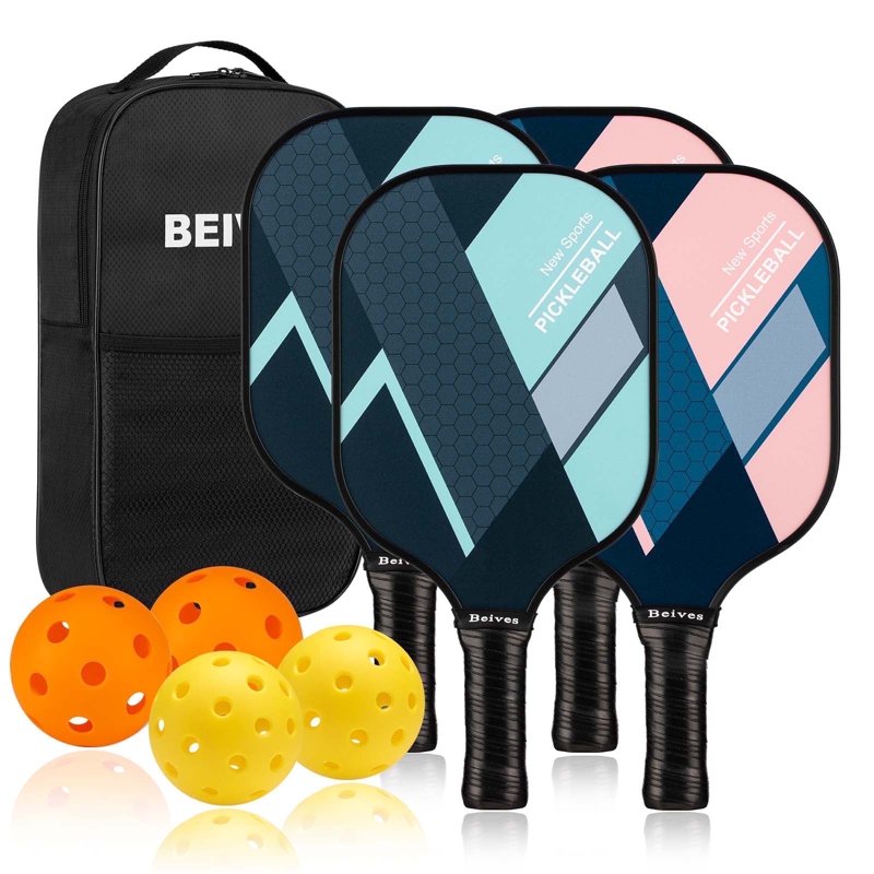 Pickleball Paddles 4-Pack with 4 Balls & Carry Bag - Lightweight 7.9 oz Fiberglass Racket, Non-Slip Grip (Green) - For Men & Women
