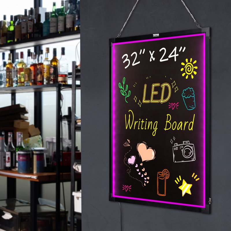 LED Message Writing Board 32x24 Inch Illuminated Erasable Chalkboard for Commercial & Home Use