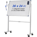 Mobile Magnetic Whiteboard 24x36 Inch Double Sided Rotating Dry Erase Board Height Adjustable Aluminum Frame