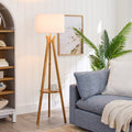 Natural Wood Tripod Floor Lamp with Pleated Shade and Shelf