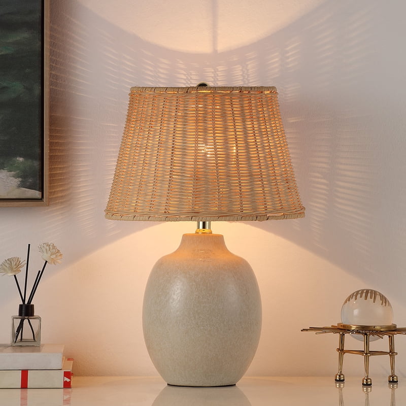 Cream Reactive Ceramic Table Lamp with Rattan Shade - 18 Inch