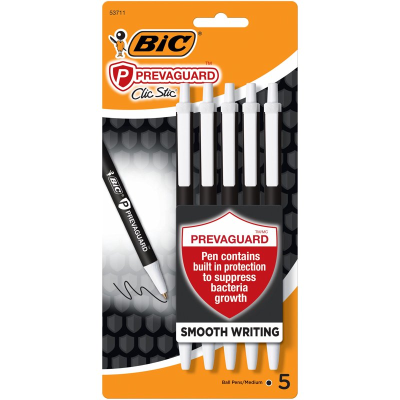 BIC Prevaguard Ballpoint Pens 5-Pack - Antimicrobial Protection, Medium Point
