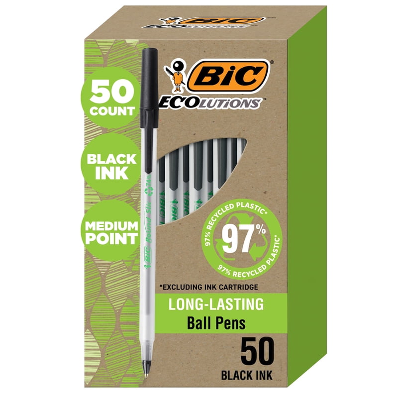 50 Pack Recycled Plastic Ballpoint Pens with Medium 1.0mm Tip - Black Ink