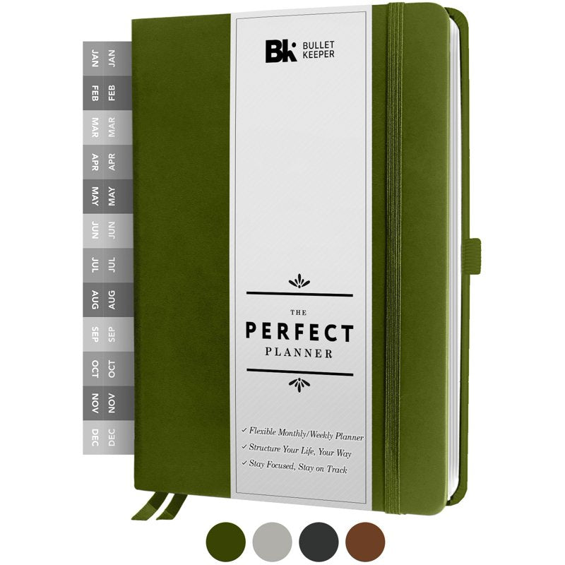 Undated Weekly Monthly Planner with Sticker Set and Bookmark - A5 Personal Organizer, Green Hardcover