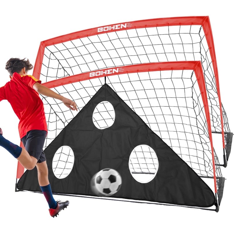 BOHEN 6x4ft Portable Soccer Goal Set with Carry Bag - Easy Fold, Red, 2 Pack