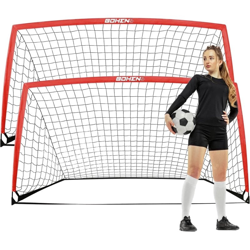 BOHEN 9x5 Ft Portable Soccer Goal - 2 Pack Red with Carry Bag, Easy Fold, Indoor/Outdoor
