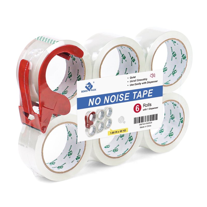 Heavy Duty No Noise Packing Tape - Clear Sealing Rolls with Dispenser, 6-Pack