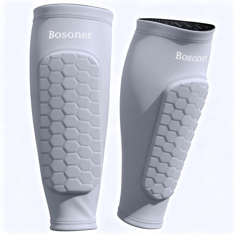 XL Gray Bosoner Soccer Shin Guards for Kids - Non-Slip Calf Sleeve with Honeycomb EVA Padding