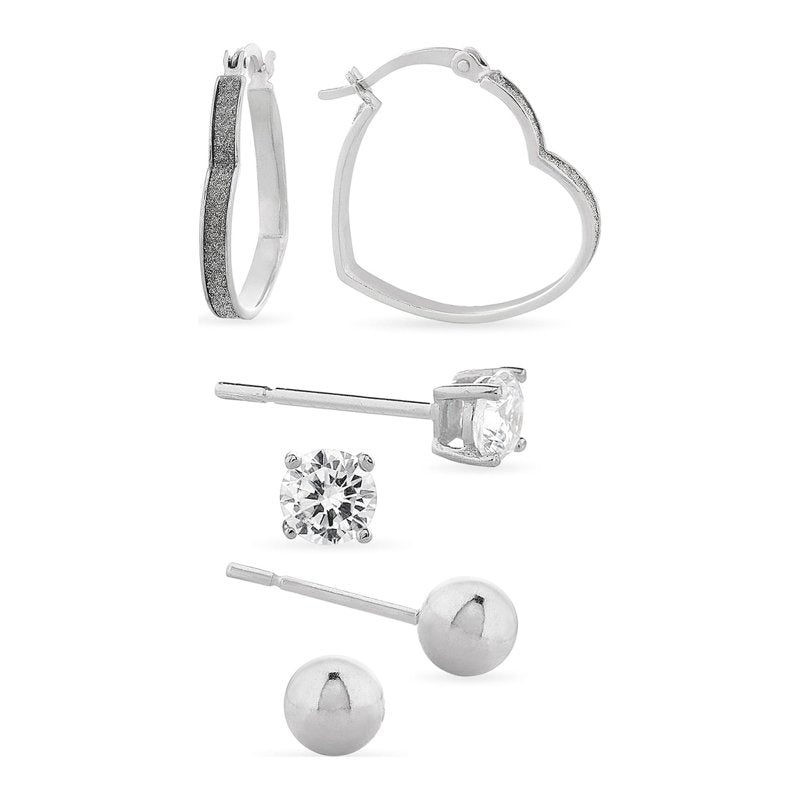 Sterling Silver Cubic Zirconia Earring Set with Heart Hoop and Studs