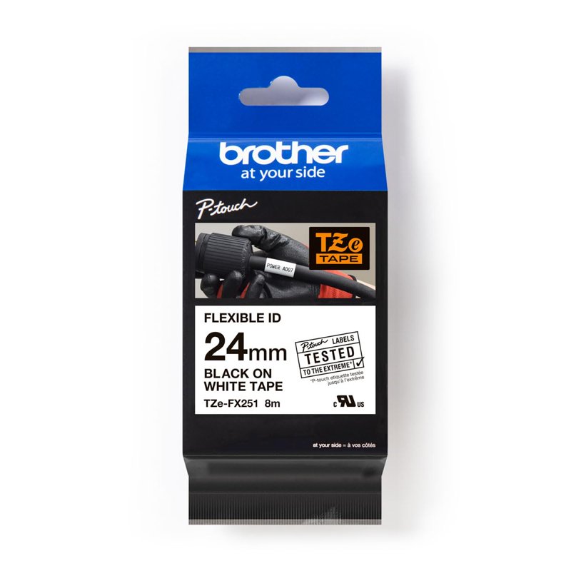 Brother TZe-FX251 Labelling Tape Cassette Black on White 24mm x 8M Flexible ID