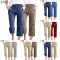 Women's Linen Capri Pants 2 Pack - Dressy Casual Elastic Waist Cropped Trousers