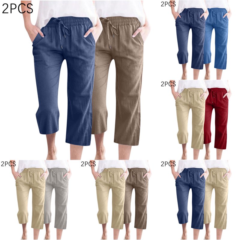 Women's Linen Capri Pants 2 Pack - Dressy Casual Elastic Waist Cropped Trousers